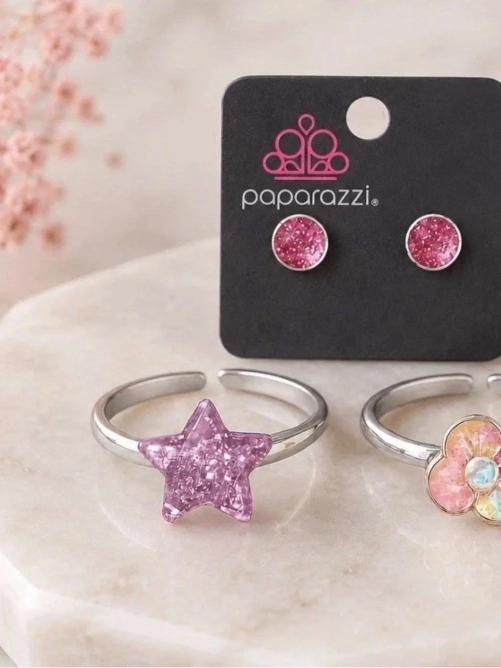 paparazzi Pink Glitter Star Kids Ring with Silver Band